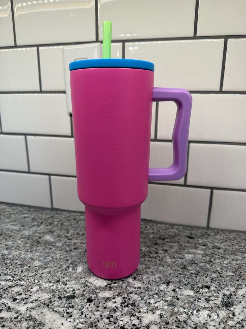 Simple Modern 40oz Bright Pink Travel Tumbler with Purple Handle and Blue Lid